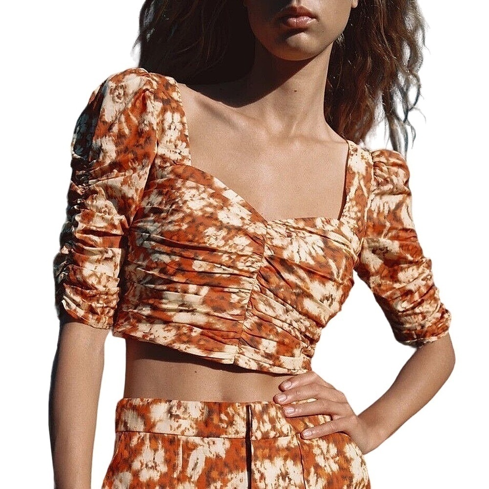 Zara Crop Top Blouse Sweetheart Neck Floral Pleated Bodice Ruched Sleeve NWOT
